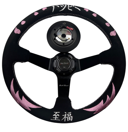 Bliss Heart Deep Dish Suede Steering Wheel + Short Hub Adapter Kit For Honda Acura Civic Integra Accord Del Sol, CRX, Prelude